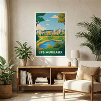 Affiche souvenir de la ville de Les Mureaux avec une illustration stylisée de son paysage urbain et naturel.