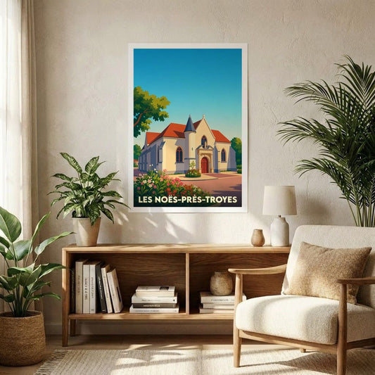 Affiche souvenir de la ville de Les Noës-près-Troyes avec une illustration stylisée de son église sous un ciel bleu.