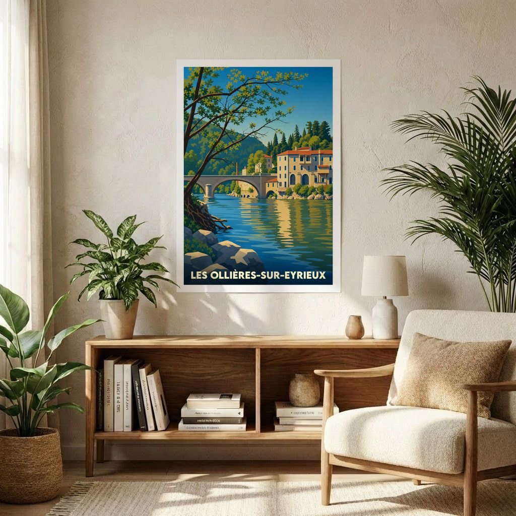 Affiche souvenir de la ville de Les Ollières-sur-Eyrieux illustrant un paysage de rivière avec pont et bâtisses typiques.