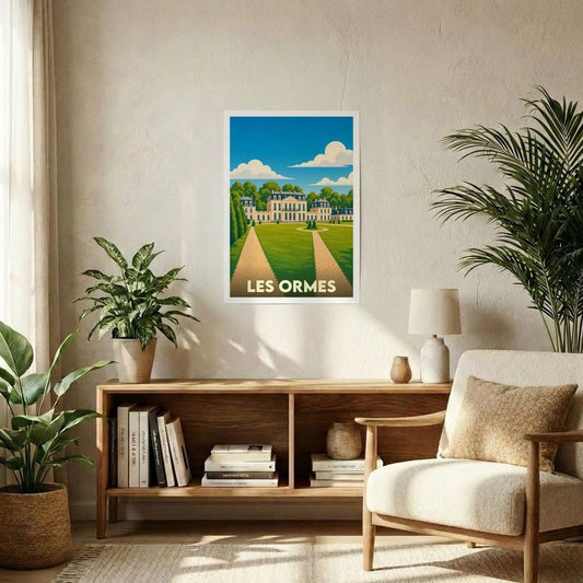 Affiche souvenir de la ville de Les Ormes avec une illustration stylisée d'un château et ses jardins.