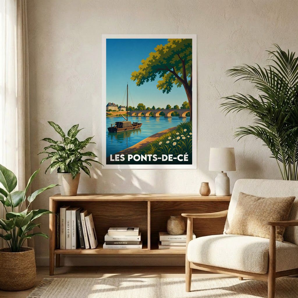 Affiche souvenir de la ville de Les Ponts-de-Cé avec une illustration stylisée.