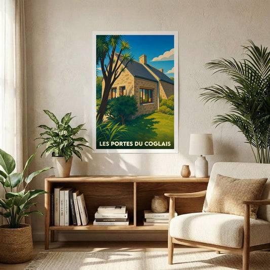 Affiche souvenir de la ville de Les Portes du Coglais illustrant une maison traditionnelle en pierre sous un ciel bleu.