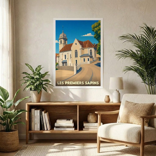 Affiche souvenir de la ville de Les Premiers Sapins avec une illustration stylisée de son église sous un ciel bleu.