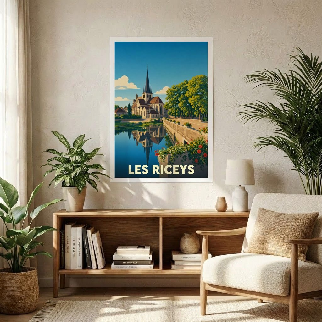 Affiche souvenir de la ville de Les Riceys présentant une illustration stylisée d'une église se reflétant dans l'eau.