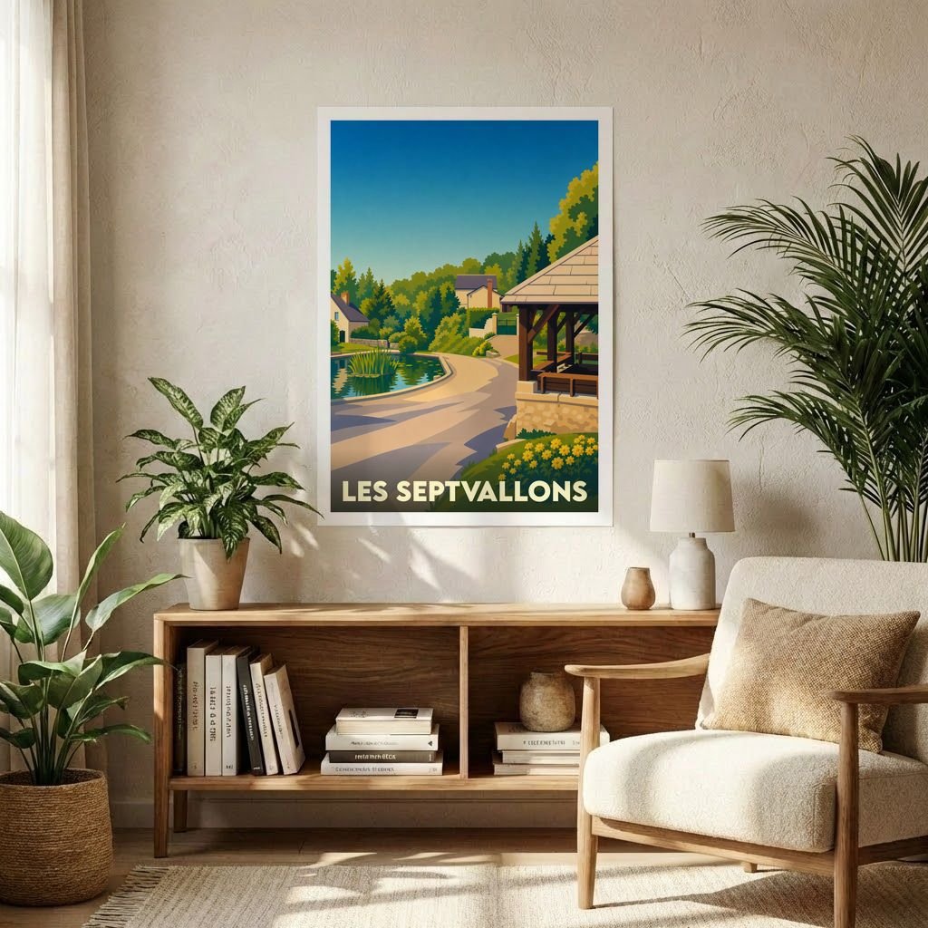 Affiche souvenir de la ville de Les Septvallons avec une illustration stylisée d'un paysage de campagne.