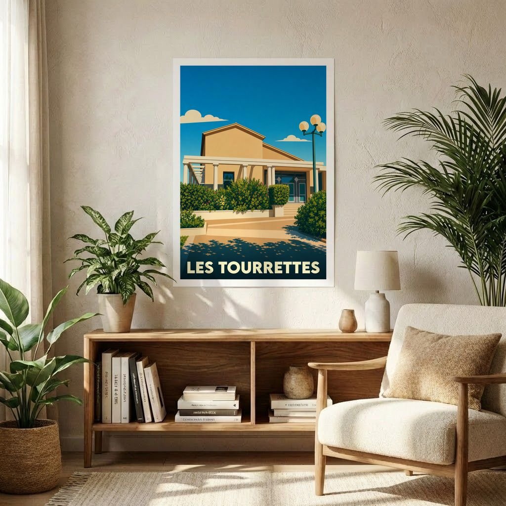 Affiche souvenir de la ville de Les Tourrettes présentant une illustration stylisée d'un bâtiment provençal sous un ciel bleu.