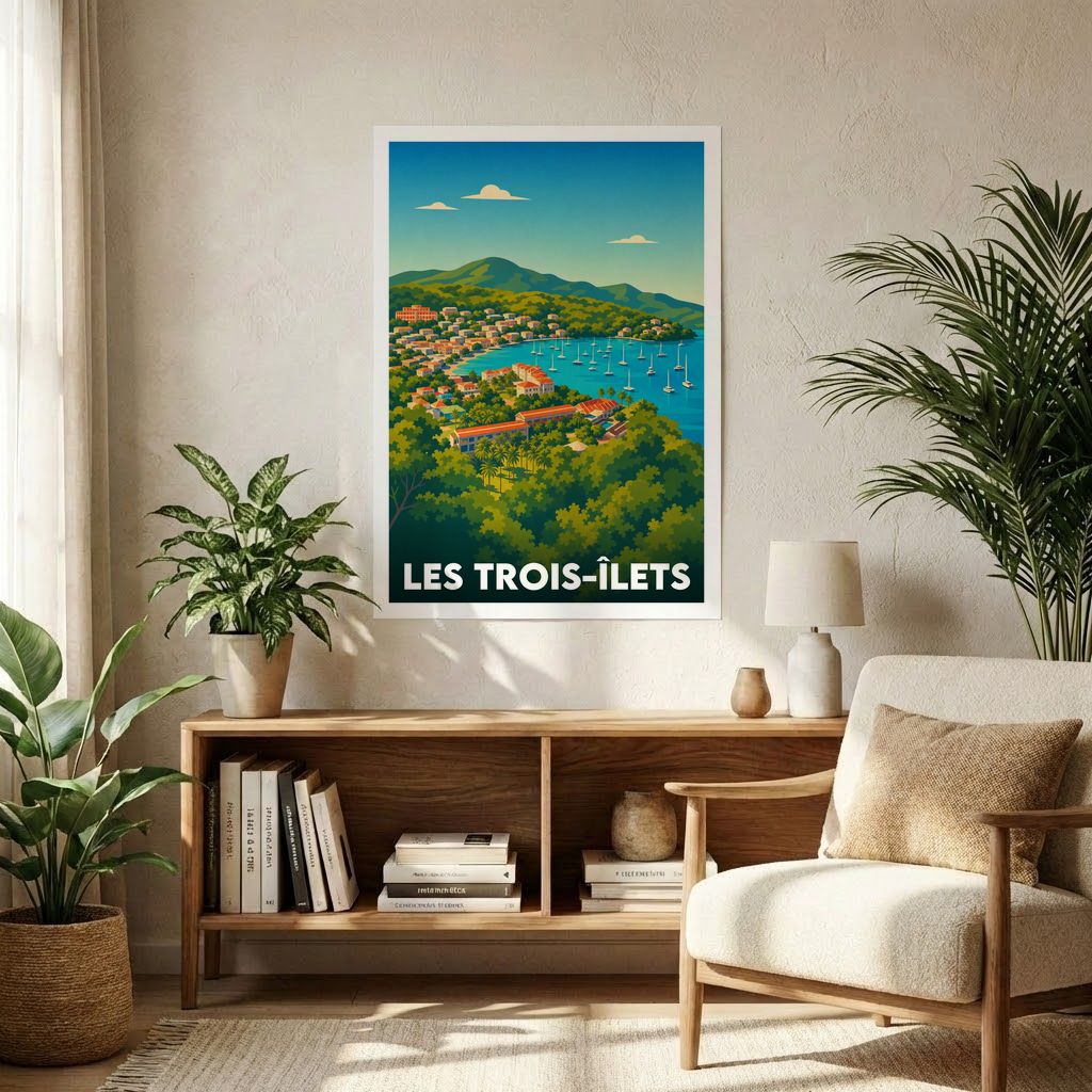 Affiche souvenir de la ville de Les Trois-Îlets avec une illustration stylisée de son paysage côtier et verdoyant.