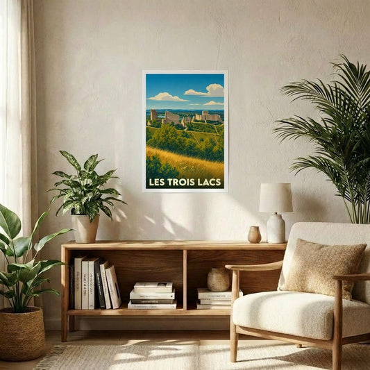 Affiche souvenir de la ville de Les Trois Lacs avec une illustration stylisée d'un paysage historique.