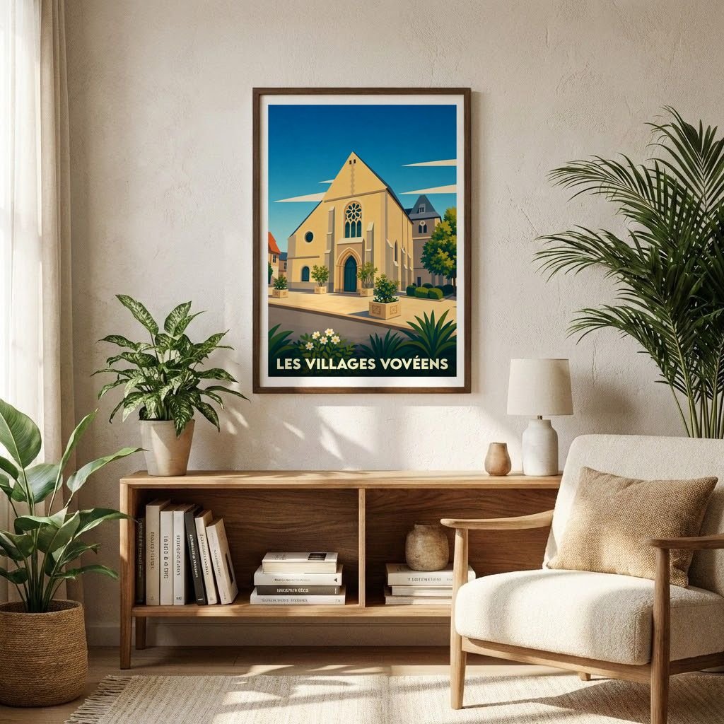 Affiche souvenir de la ville de Les Villages Vovéens avec une illustration stylisée d'une église sous un ciel bleu.