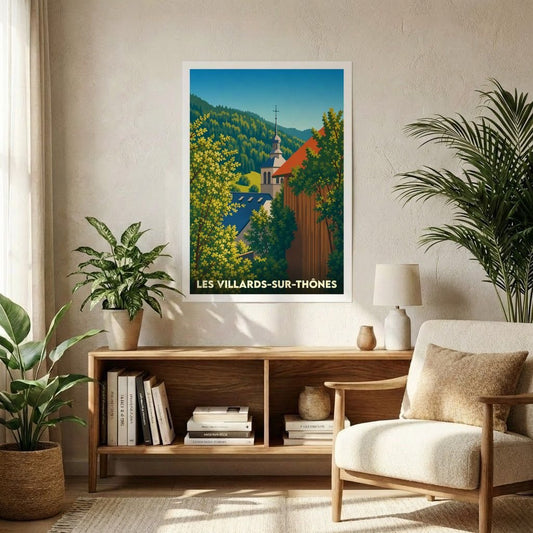 Affiche souvenir de la ville de Les Villards-sur-Thônes avec une illustration stylisée d'un clocher de montagne.