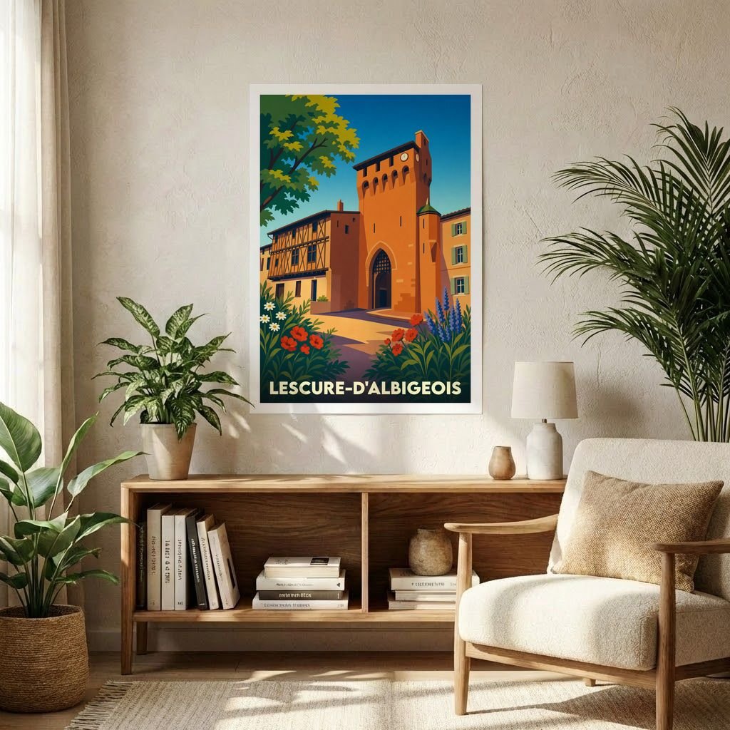 Affiche souvenir de la ville de Lescure-d'Albigeois avec une illustration stylisée.
