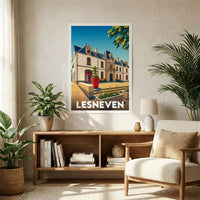 Affiche souvenir de la ville de Lesneven avec une illustration stylisée et colorée de son architecture.