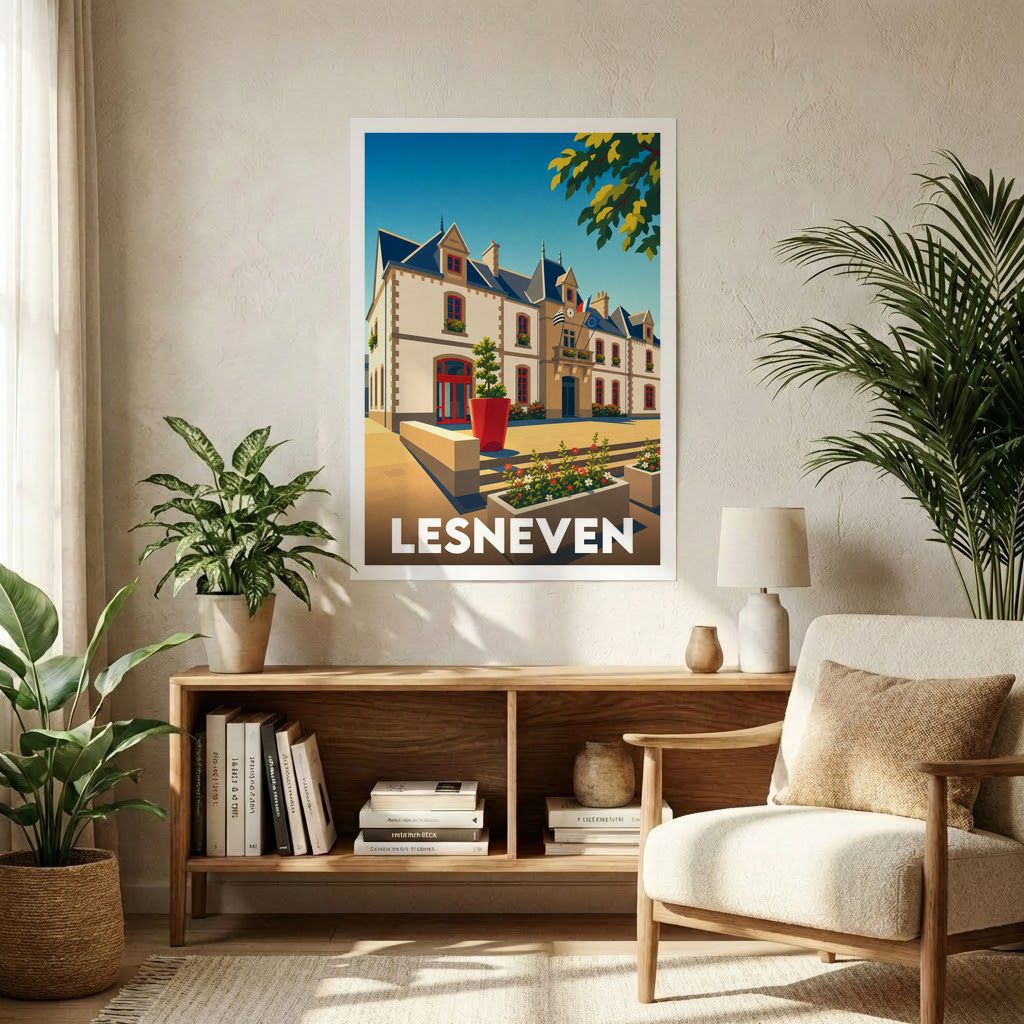Affiche souvenir de la ville de Lesneven avec une illustration stylisée et colorée de son architecture.