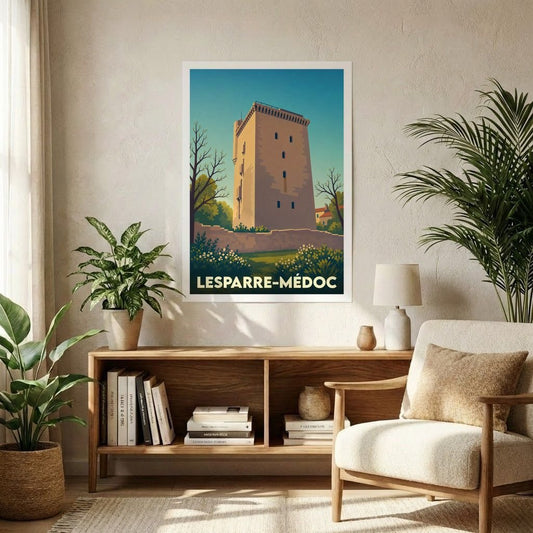 Affiche souvenir de la ville de Lesparre-Médoc avec une illustration stylisée de sa tour historique.
