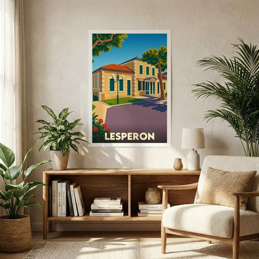 Affiche souvenir de la ville de Lesperon avec une illustration stylisée d'un bâtiment typique sous un ciel bleu.