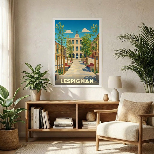 Affiche souvenir de la ville de Lespignan avec une illustration stylisée d'une place ensoleillée.