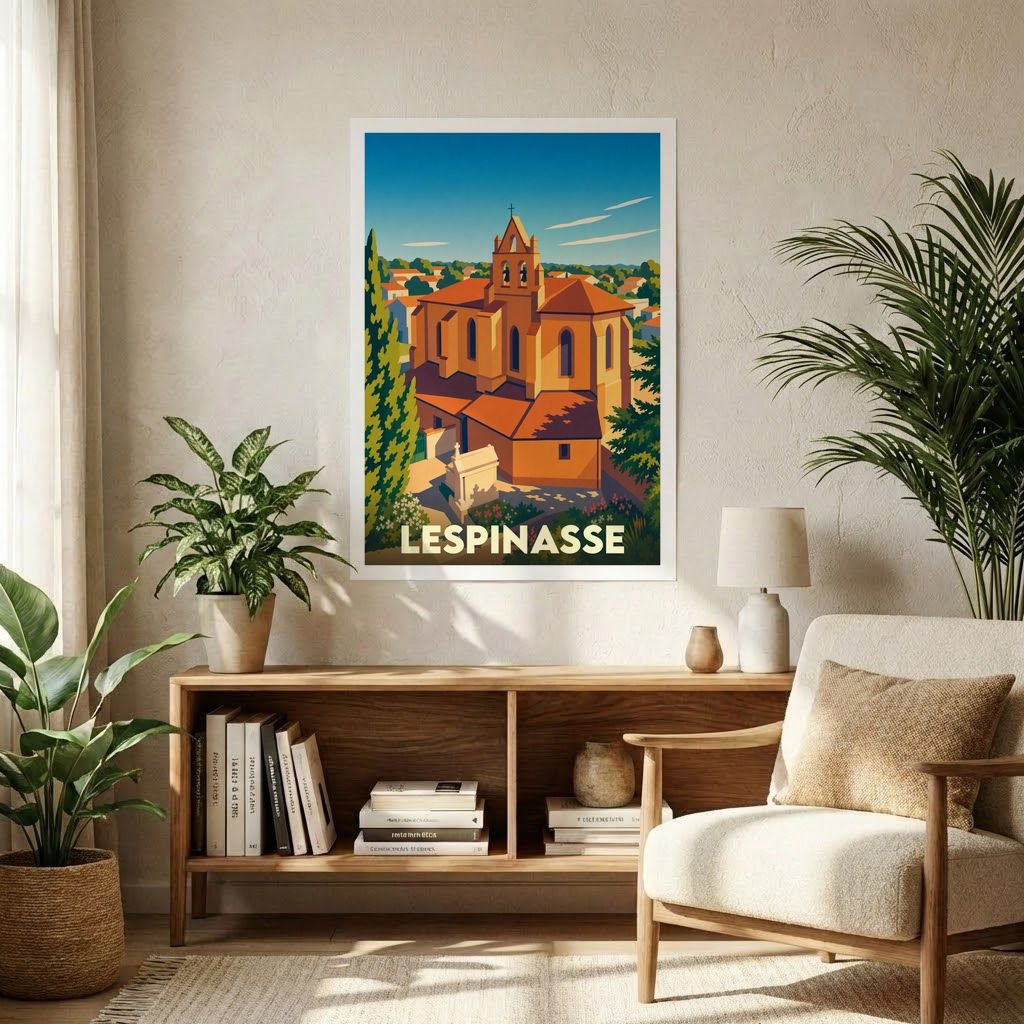 Affiche souvenir de la ville de Lespinasse représentant son église dans un style graphique rétro.