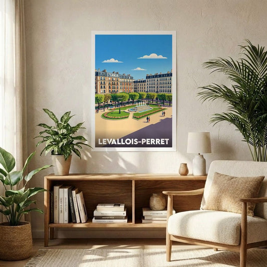 Affiche souvenir de la ville de Levallois-Perret avec une illustration stylisée d'une place arborée et de son jet d'eau.