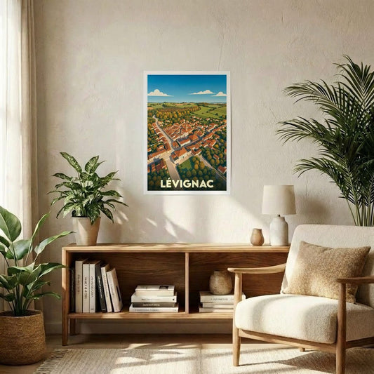 Affiche souvenir de la ville de Lévignac avec une illustration stylisée en vue aérienne.