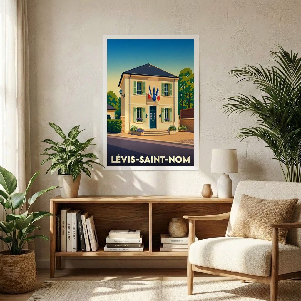 Affiche souvenir de la ville de Lévis-Saint-Nom avec une illustration stylisée de sa mairie.