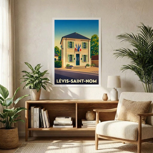 Affiche souvenir de la ville de Lévis-Saint-Nom avec une illustration stylisée de sa mairie.