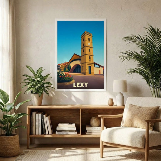 Affiche souvenir de la ville de Lexy avec une illustration stylisée de son église et de son clocher.