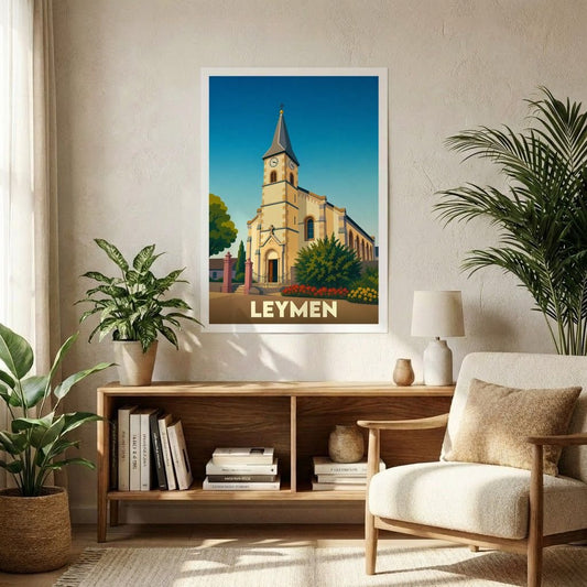 Affiche souvenir de la ville de Leymen avec une illustration stylisée de son église sous un ciel bleu.