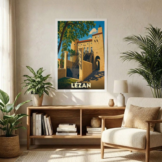 Affiche souvenir de la ville de Lézan avec une illustration stylisée d'un bâtiment historique ensoleillé.