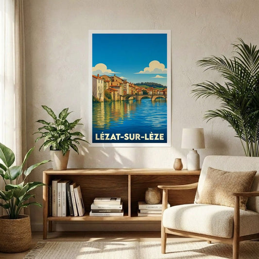 Affiche souvenir de la ville de Lézat-sur-Lèze avec une illustration stylisée d'un pont et de maisons en bord de rivière.