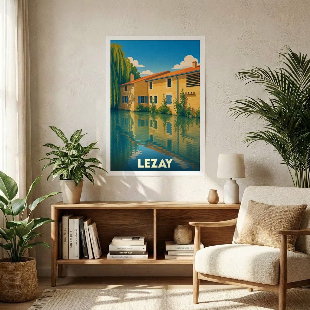 Affiche souvenir de la ville de Lezay avec une illustration stylisée de bâtiments se reflétant dans l'eau.