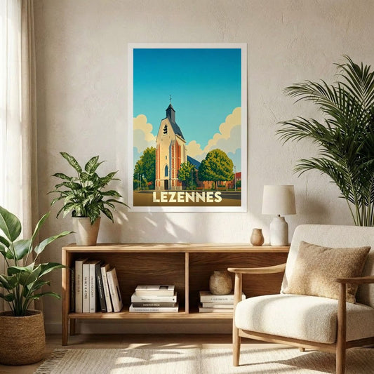 Affiche souvenir de la ville de Lezennes avec une illustration stylisée de son église sous un ciel bleu.