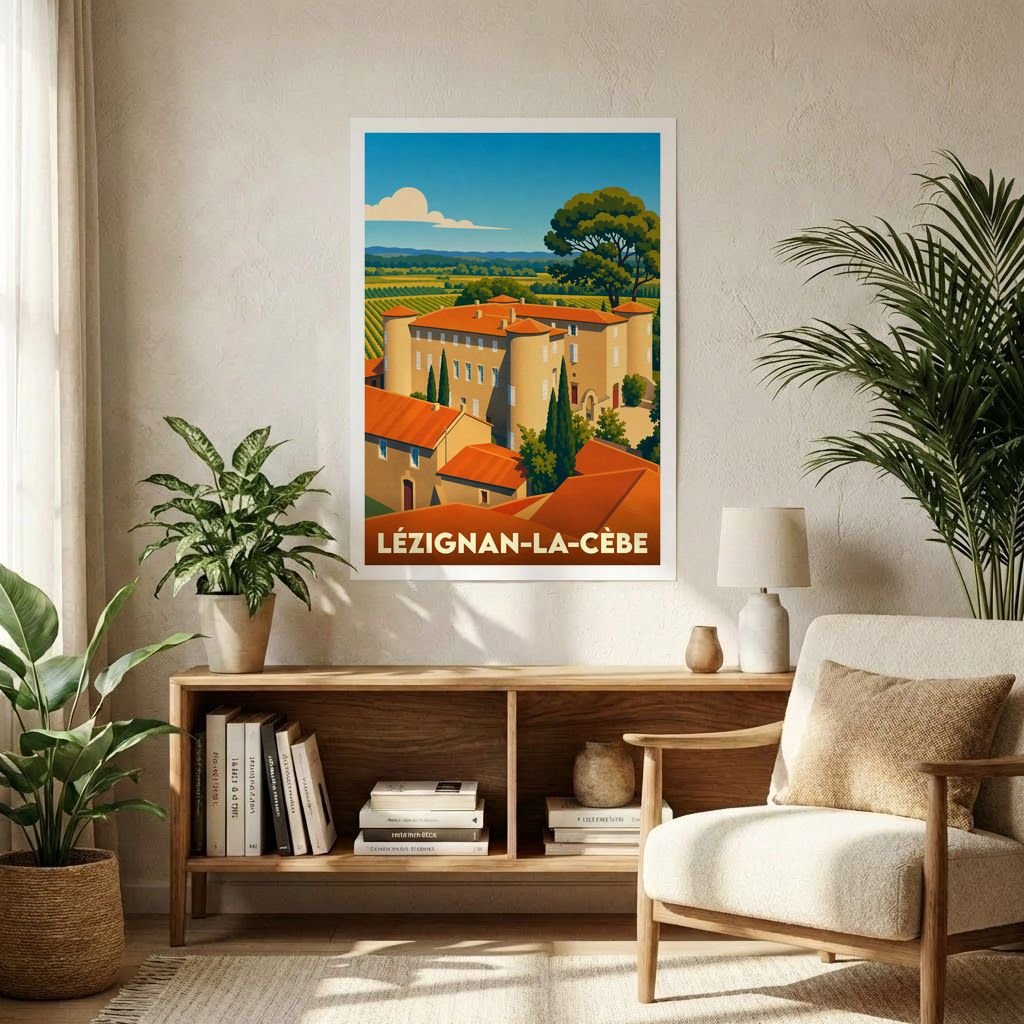 Affiche souvenir de la ville de Lézignan-la-Cèbe avec une illustration stylisée et colorée.