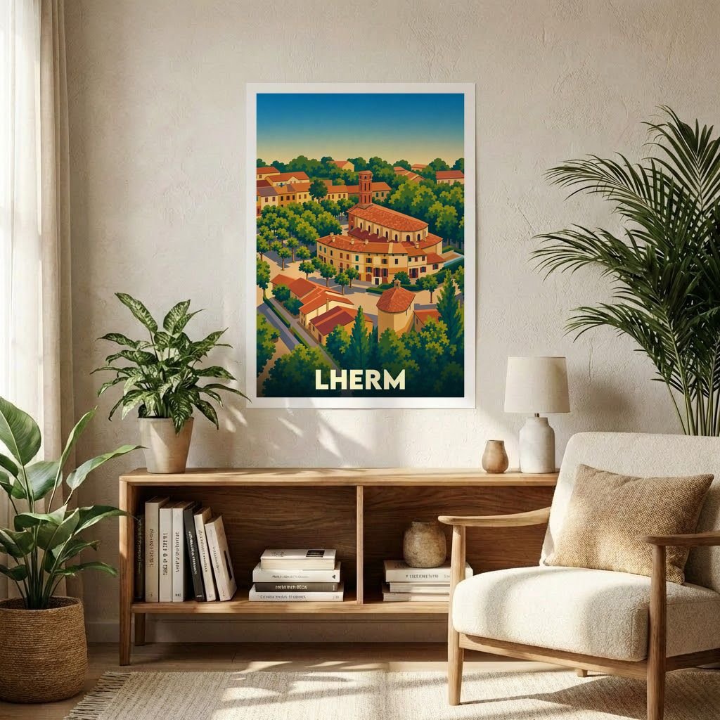 Affiche souvenir de la ville de Lherm avec une illustration stylisée et colorée.