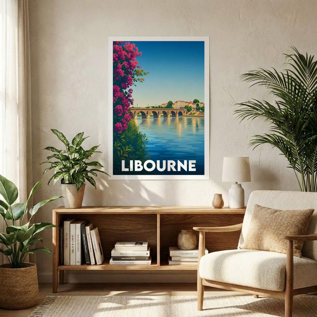Affiche souvenir de la ville de Libourne représentant une illustration stylisée de son pont et des quais.