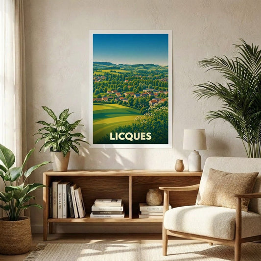 Affiche souvenir de la ville de Licques représentant un paysage de collines verdoyantes dans un style graphique épuré.