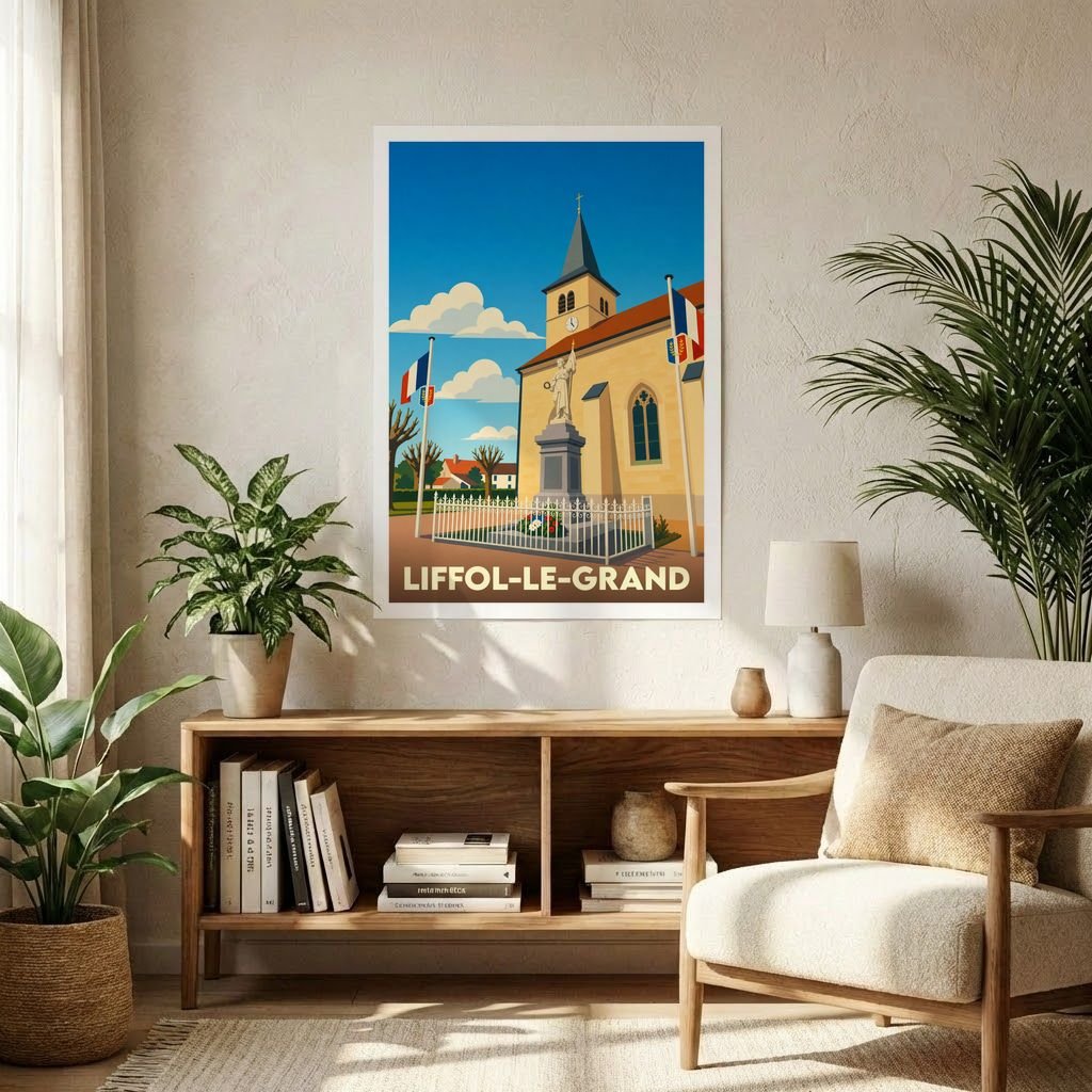 Affiche souvenir de la ville de Liffol-le-Grand présentant une illustration stylisée de son église et d'un monument historique sous un ciel bleu.
