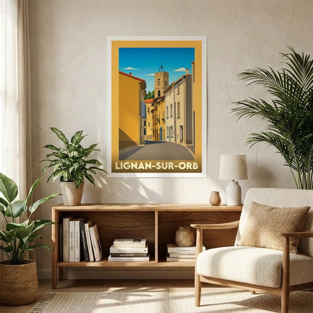 Affiche souvenir de la ville de Lignan-sur-Orb avec une illustration stylisée d'une rue ensoleillée menant au clocher.