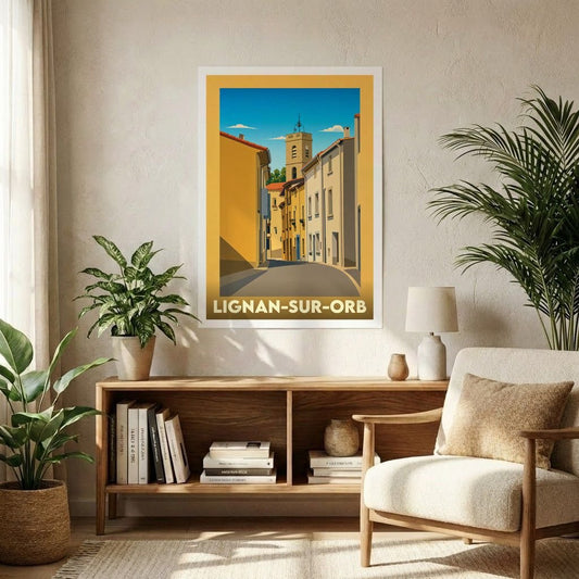 Affiche souvenir de la ville de Lignan-sur-Orb avec une illustration stylisée d'une rue ensoleillée menant au clocher.