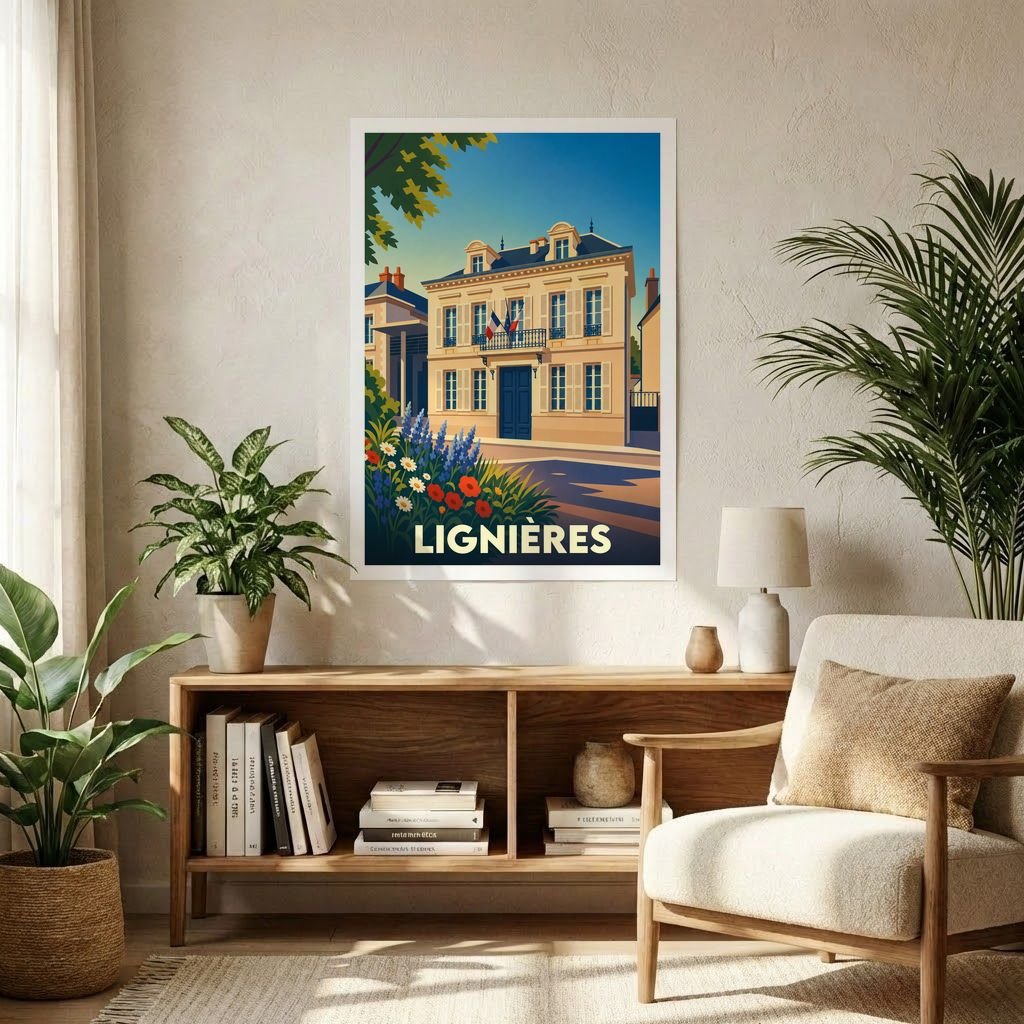 Affiche souvenir de la ville de Lignières avec une illustration stylisée de son architecture locale.
