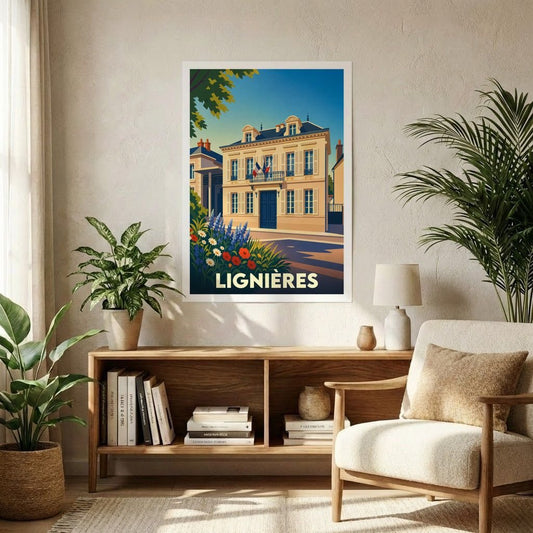 Affiche souvenir de la ville de Lignières avec une illustration stylisée de son architecture locale.