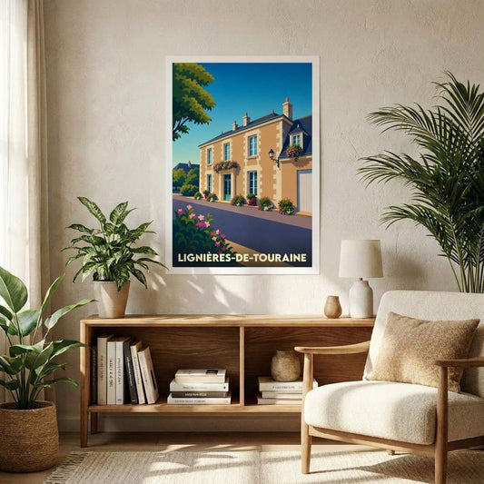 Affiche souvenir de la ville de Lignières-de-Touraine avec une illustration stylisée d'une maison de village fleurie.