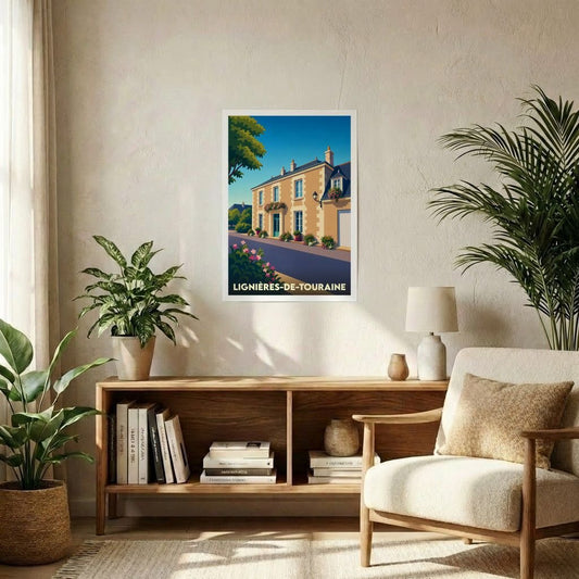 Affiche souvenir de la ville de Lignières-de-Touraine avec une illustration stylisée d'une rue fleurie et ensoleillée.