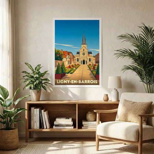 Affiche souvenir de la ville de Ligny-en-Barrois avec une illustration stylisée de son église et de ses jardins.