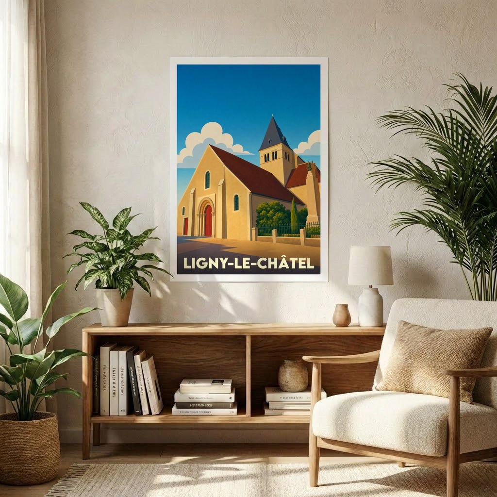 Affiche souvenir de la ville de Ligny-le-Châtel avec une illustration stylisée de son église sous un ciel bleu.