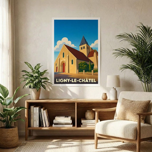 Affiche souvenir de la ville de Ligny-le-Châtel avec une illustration stylisée de son église sous un ciel bleu.