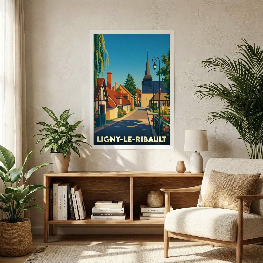 Affiche souvenir de la ville de Ligny-le-Ribault avec une illustration stylisée.