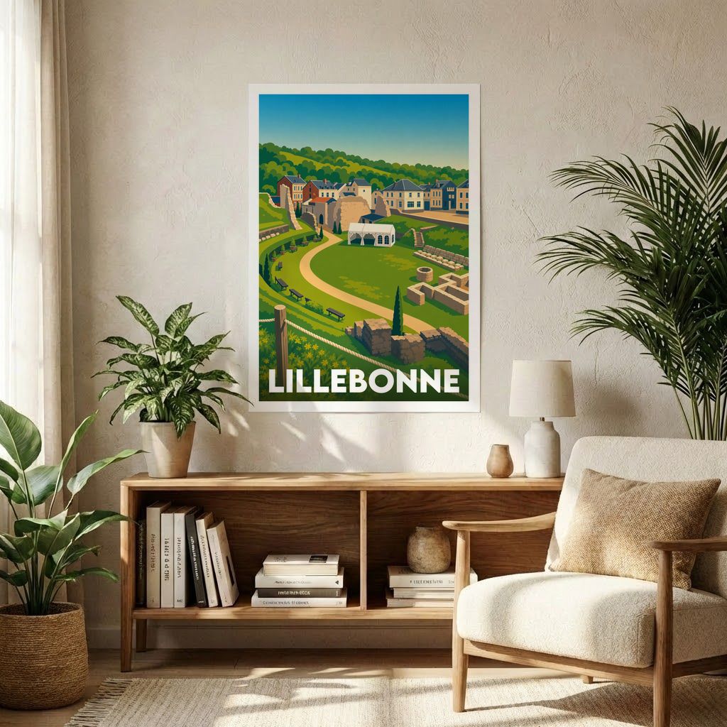 Affiche souvenir de la ville de Lillebonne avec une illustration stylisée de son théâtre romain.