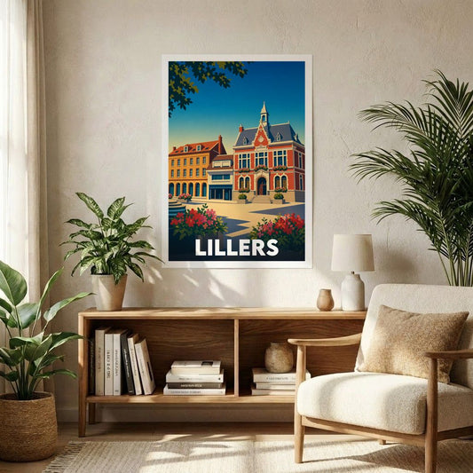 Affiche souvenir de la ville de Lillers avec une illustration stylisée de son architecture emblématique.