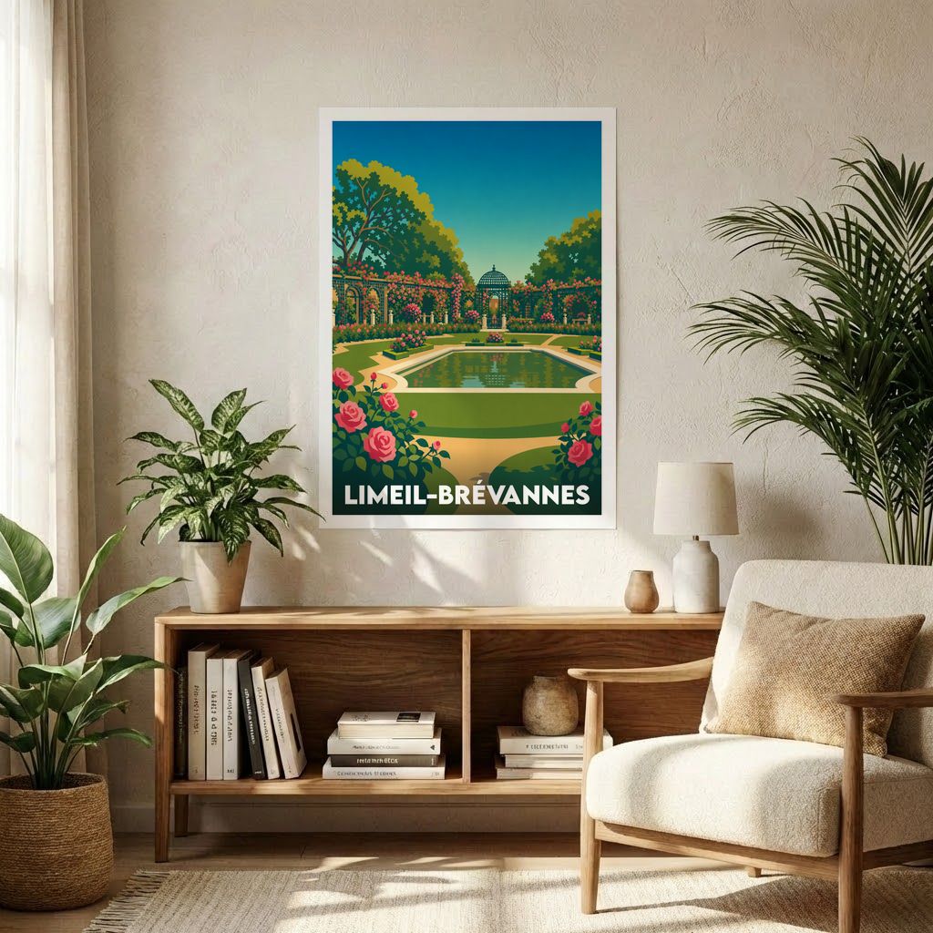 Affiche souvenir de la ville de Limeil-Brévannes avec une illustration stylisée d'un parc fleuri.