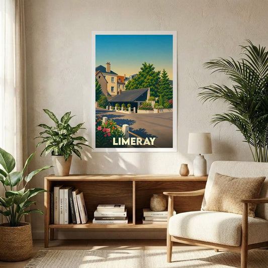 Affiche souvenir de la ville de Limeray avec une illustration stylisée et colorée du paysage urbain.